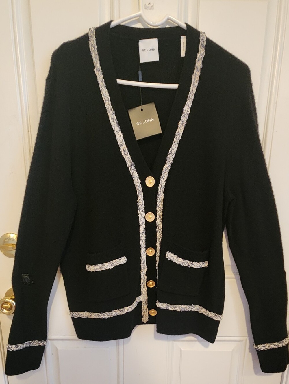 St. JOHN- Black Cardigan with Cream Braid and Gold Buttons